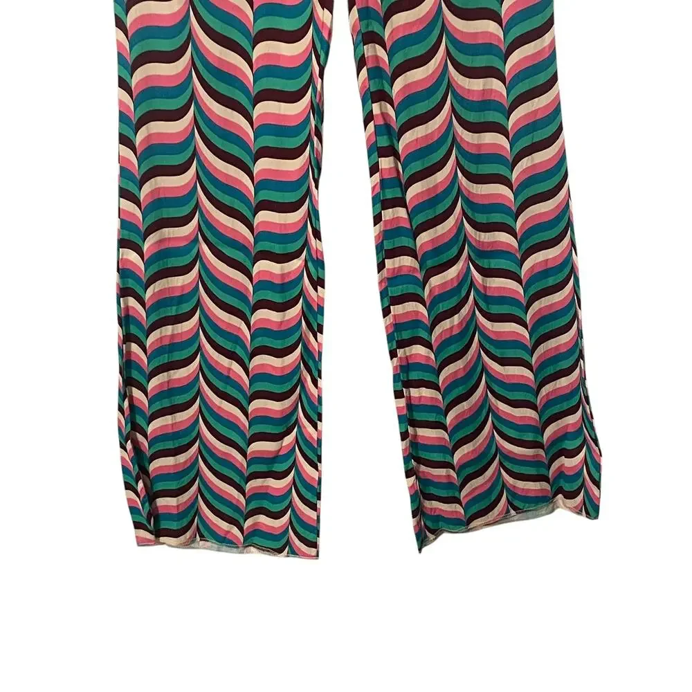Zara Wide Leg Pants Size Medium Pink Teal Zig Zag Stripe 70s Festival High Rise